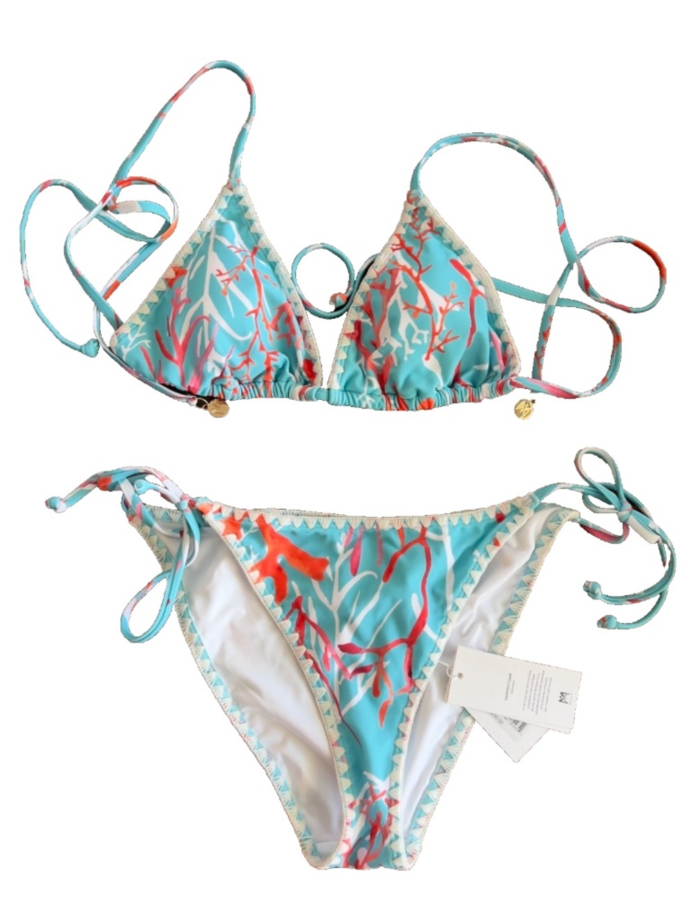 NWT Milly Bikini Aqua Coral Whipstitch Triangle Top String Tie Bottom Set Small